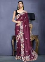 Crepe Silk Purple Party Wear Embroidery Work Saree